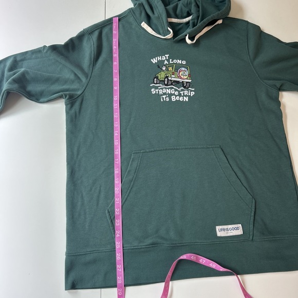 Life Is Good Green Hoodie Jeep "What A Long Strange Trip Its Been" Mens Sz Large - Picture 9 of 9